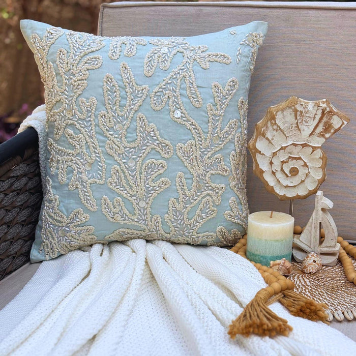 Pearly Sea Tangle - Light Blue Cotton Linen Decorative Euro Sham
