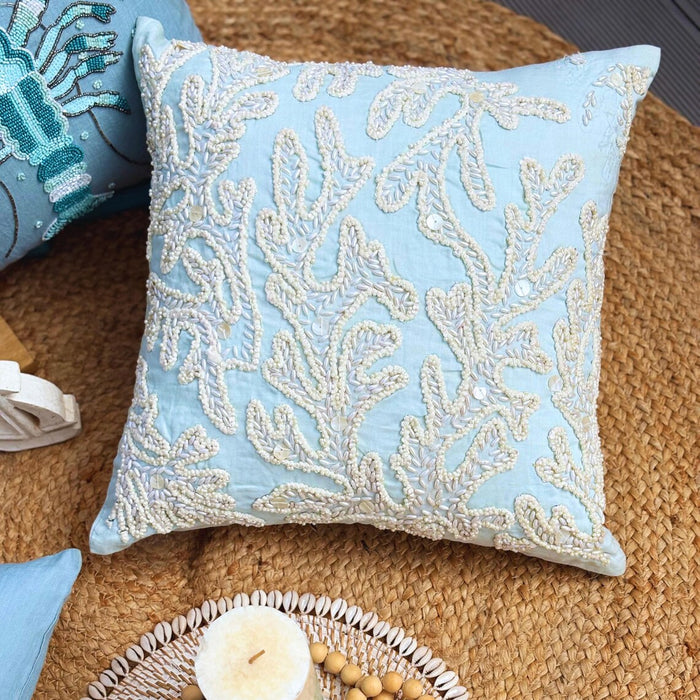 Pearly Sea Tangle - Light Blue Cotton Linen Decorative Euro Sham