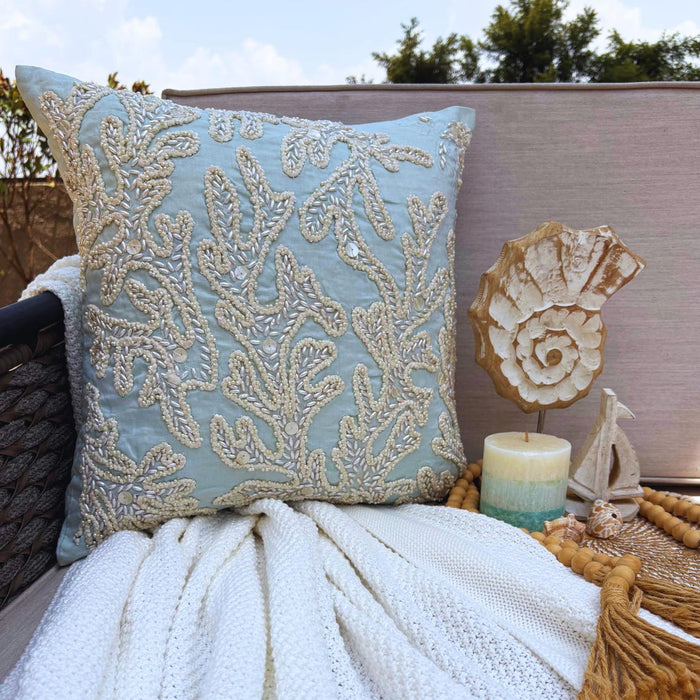Pearly Sea Tangle - Light Blue Cotton Linen Decorative Euro Sham