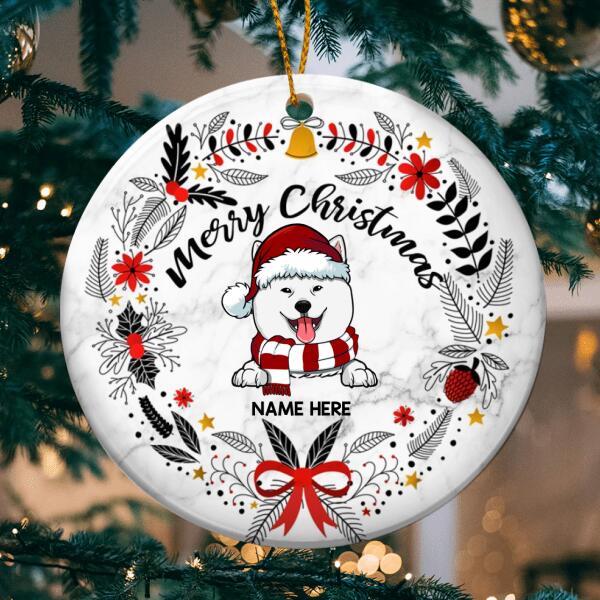 Personalised Merry Xmas White Marble Circle Ceramic Ornament - Personalized Dog Lovers Decorative Christmas Ornament