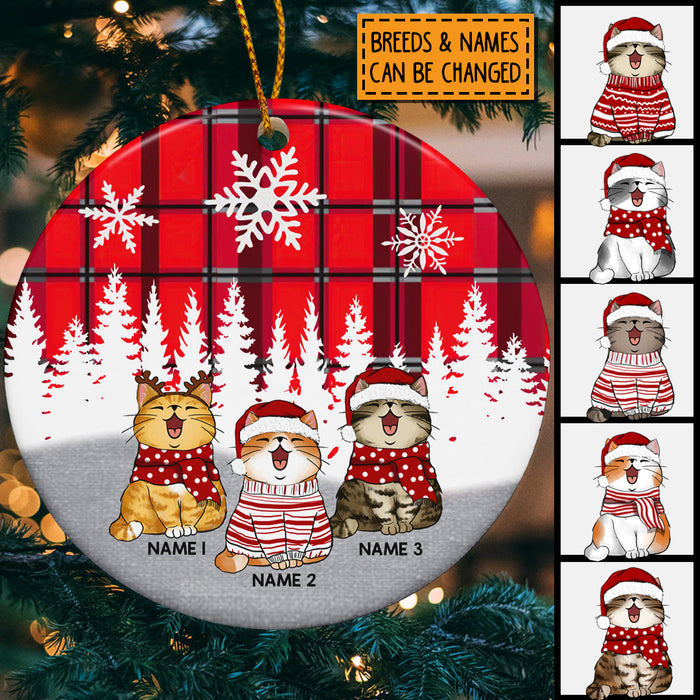 Personalised Red Plaid Xmas Circle Ceramic Ornament, Personalized Cat Lovers Decorative Christmas Ornament