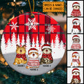 Personalised Red Plaid Xmas Circle Ceramic Ornament, Personalized Cat Lovers Decorative Christmas Ornament