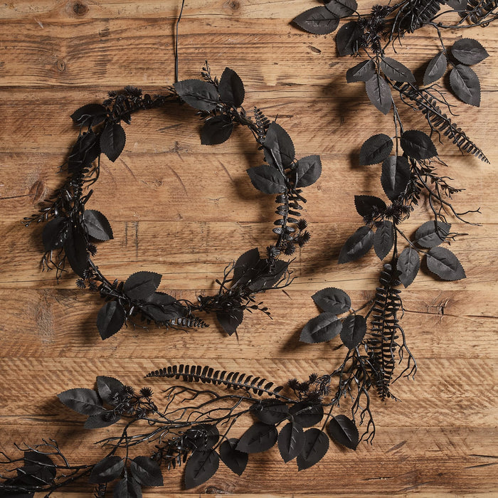 Pre Lit Black Foliage Halloween Wreath & Garland