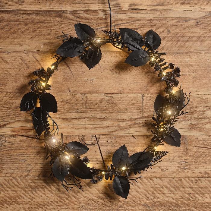 Pre Lit Black Foliage Halloween Wreath & Garland