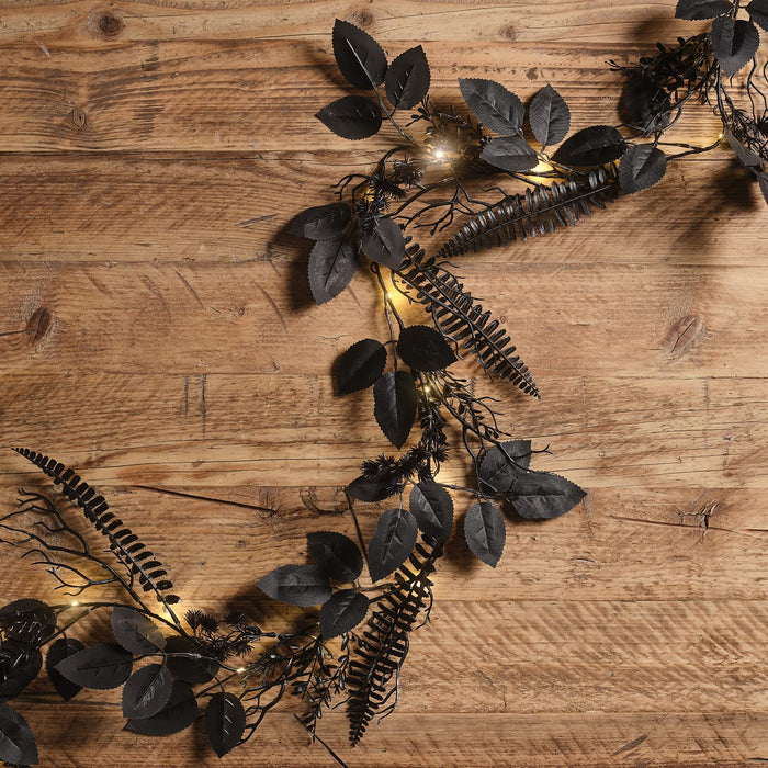 Pre Lit Black Foliage Halloween Wreath & Garland