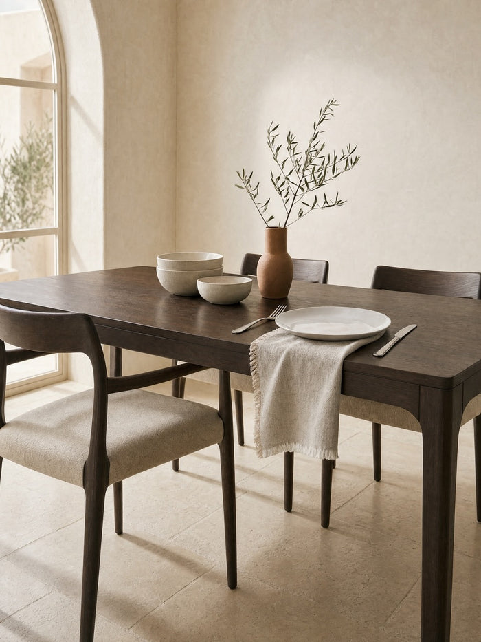 A dark wood dining table set with four Hampstead upholstered chairs, a putty linen napkin, white plates, bowls, and a terracotta vase with dried branches, styled in a warm, sunlit dining room.