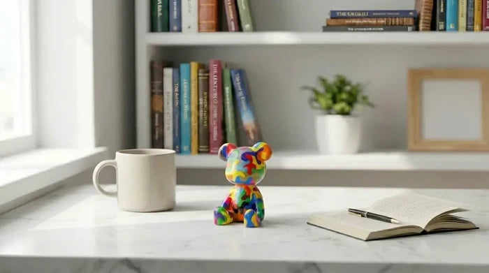 Colorful handcrafted bear figurine on marble desk with mug, book, and cozy home decor
