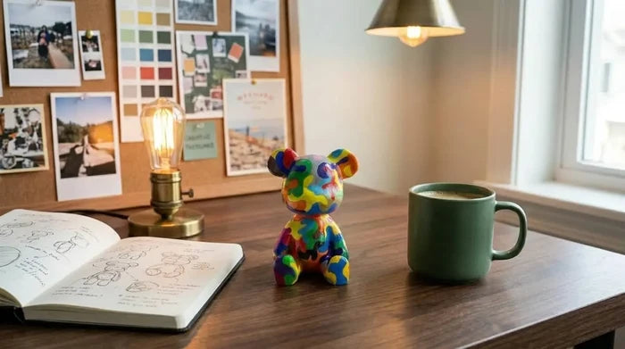 Colorful handcrafted bear figurine on wooden desk with sketchbook, lamp, and coffee mug for cozy home décor