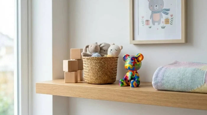 Colorful bear figurine on wooden shelf with woven basket, plush toys, and cozy blanket for home décor