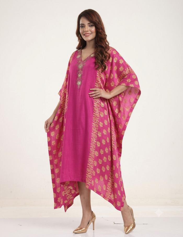 A woman modeling a bright pink kaftan dress with gold floral prints and a matching dupatta, standing against a plain off-white studio background.