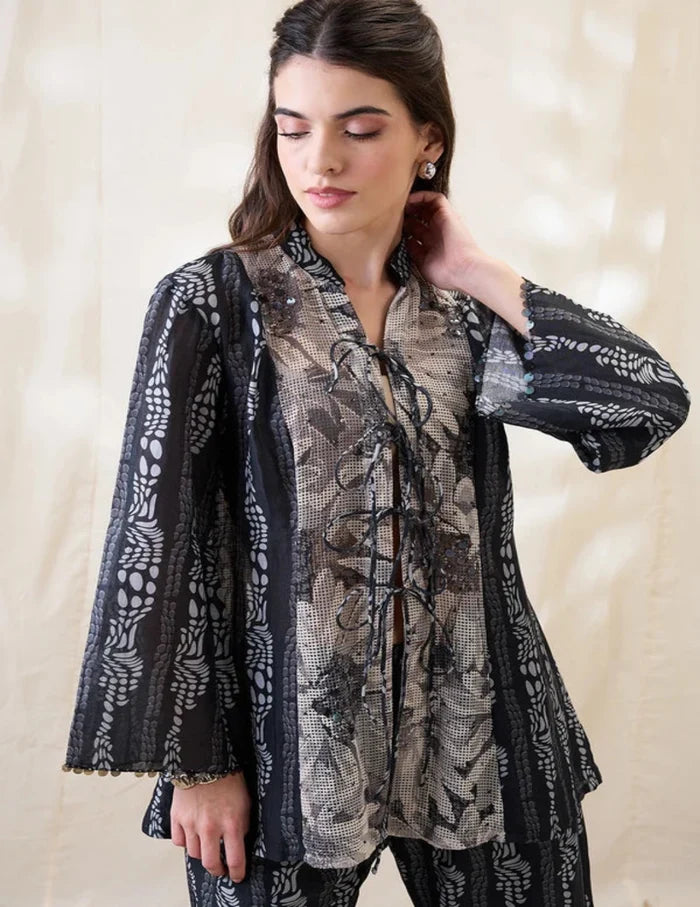 Black Noorani embellished shirt top with front tie-ups, slip and printed linen pants for women.
