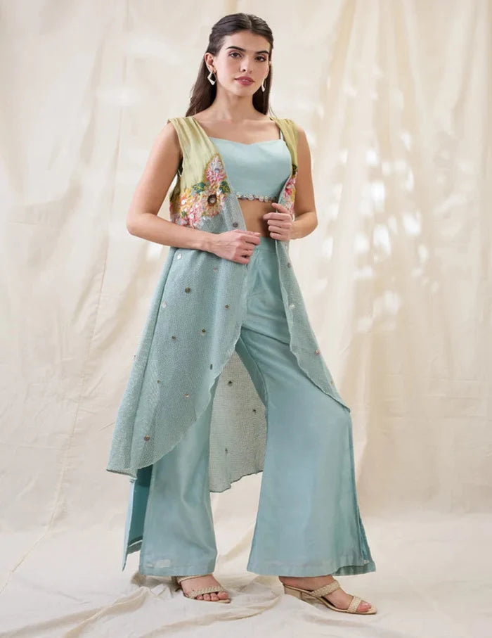 Sea Green Ravya Co-ord Set with Solid Bustier, Wide-Leg Pants and Embroidered Sleeveless Cotton Net Jacket for Women