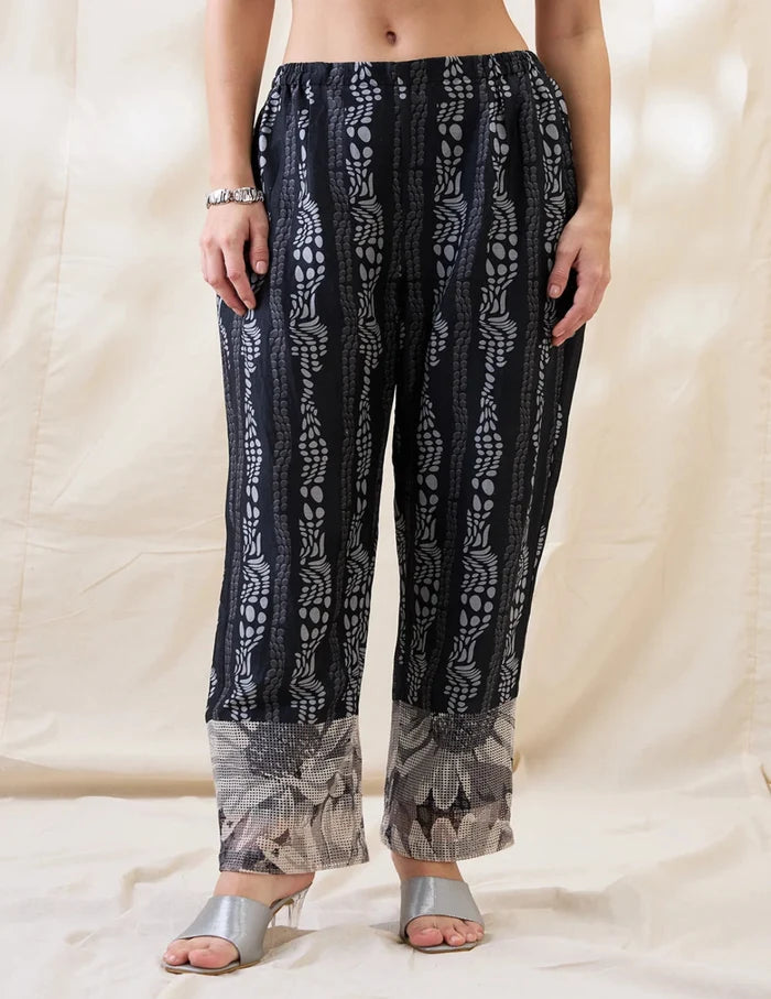 Black Noorani embellished shirt top with front tie-ups, slip and printed linen pants for women.