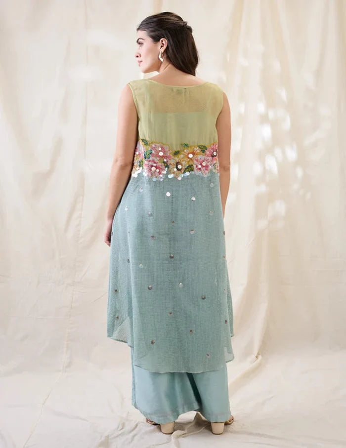 Sea Green Ravya Co-ord Set with Solid Bustier, Wide-Leg Pants and Embroidered Sleeveless Cotton Net Jacket for Women
