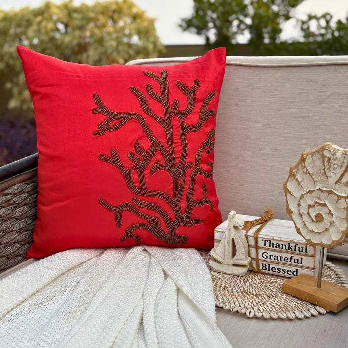 Red Art Silk Throw Pillow Cover - Coral Rhapsody