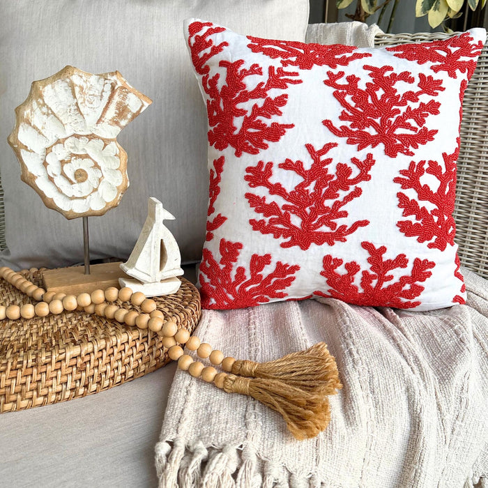 Red Cotton Linen Throw Pillow Cover - Red Corals