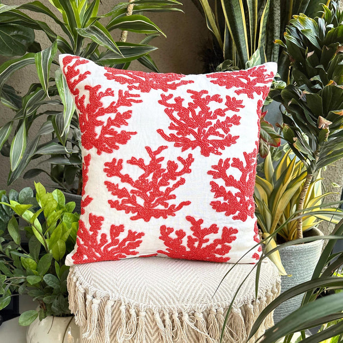 Red Cotton Linen Throw Pillow Cover - Red Corals
