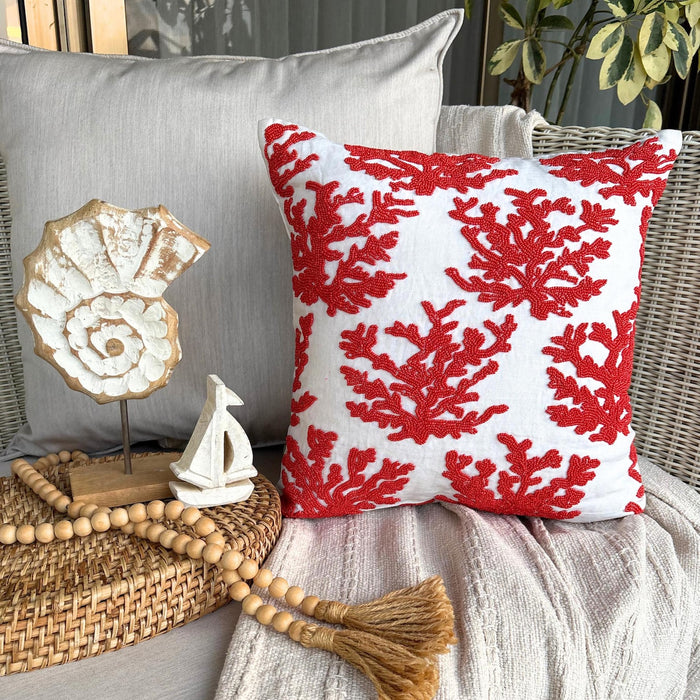 Red Cotton Linen Throw Pillow Cover - Red Corals
