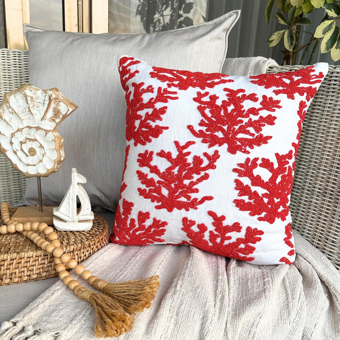 Red Cotton Linen Throw Pillow Cover - Red Corals