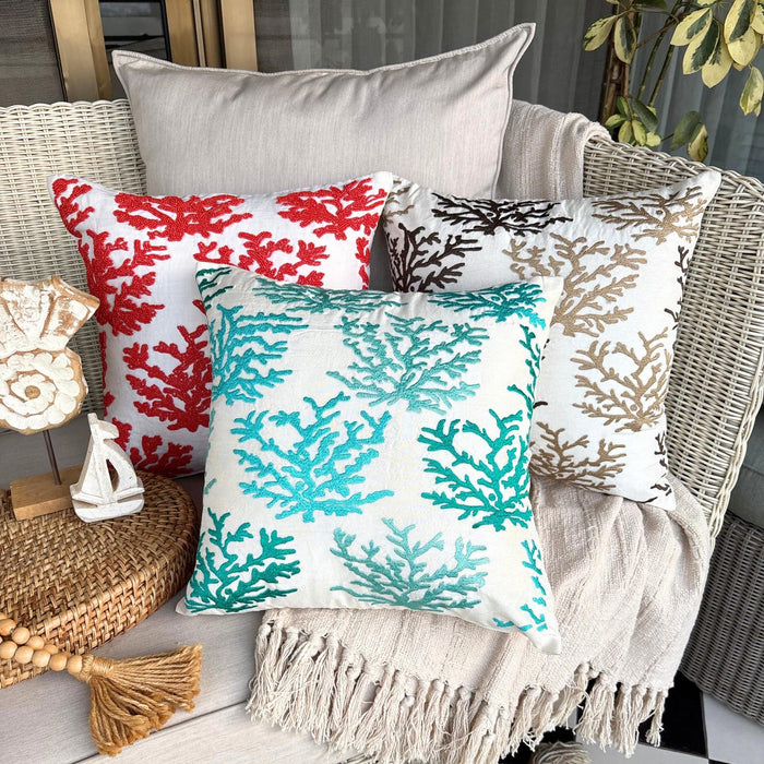 Red Cotton Linen Throw Pillow Cover - Red Corals