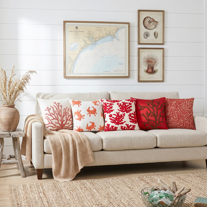 Red Cotton Linen Throw Pillow Cover - Red Corals