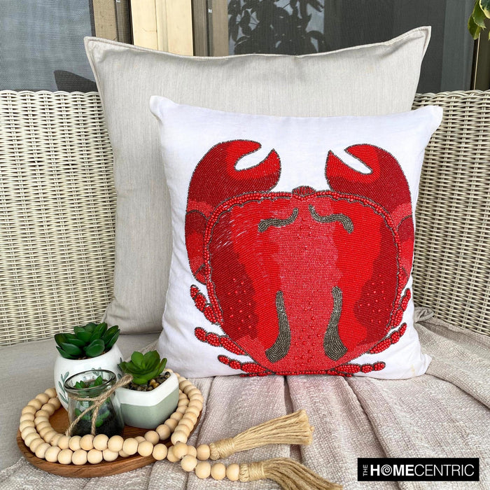 Red Cotton Linen Throw Pillow Cover - Red Crab Craze