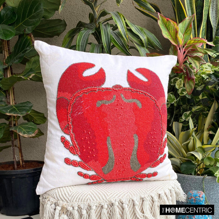 Red Cotton Linen Throw Pillow Cover - Red Crab Craze