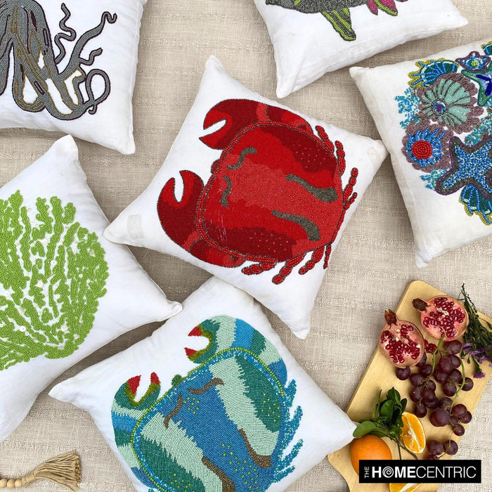 Red Cotton Linen Throw Pillow Cover - Red Crab Craze