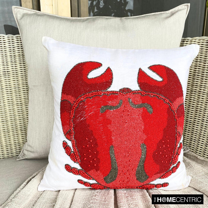 Red Cotton Linen Throw Pillow Cover - Red Crab Craze