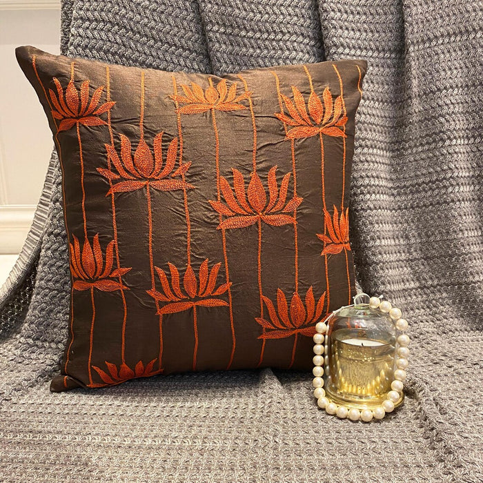 Red Lotuses - Brown Art Silk Throw Pillow Cover