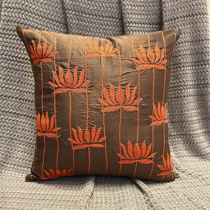 Red Lotuses - Brown Art Silk Throw Pillow Cover