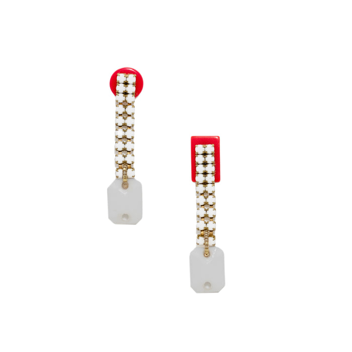 Red, White Rhinestones with White Glass Dangle Earrings