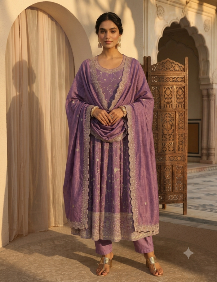 A woman models a traditional Indian outfit consisting of a lavender purple kurta with silver embroidery, matching trousers, and a draped dupatta, set against an elegant architectural background with arches and a wooden screen.
