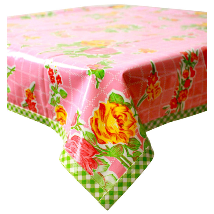 freckled sage rose and grid pink oilcloth tablecloth with lime green gingham trim