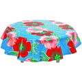freckled sage round big flowers and stripes light blue oilcloth tablecloth