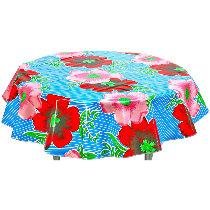 freckled sage round big flowers and stripes light blue oilcloth tablecloth