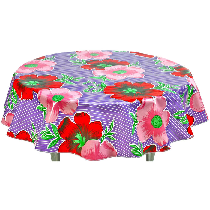 freckled sage round big flowers and stripes purple oilcloth tablecloth