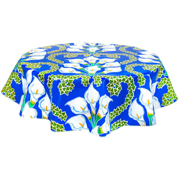 freckled sage round calla lily blue oilcloth tablecloth