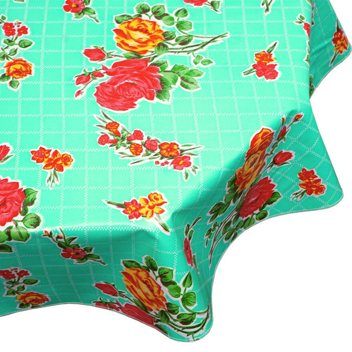 freckled sage round rose and grid aqua oilcloth tablecloth