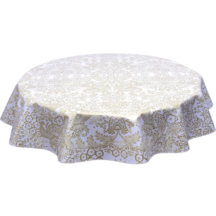 freckled sage round toile gold oilcloth tablecloth