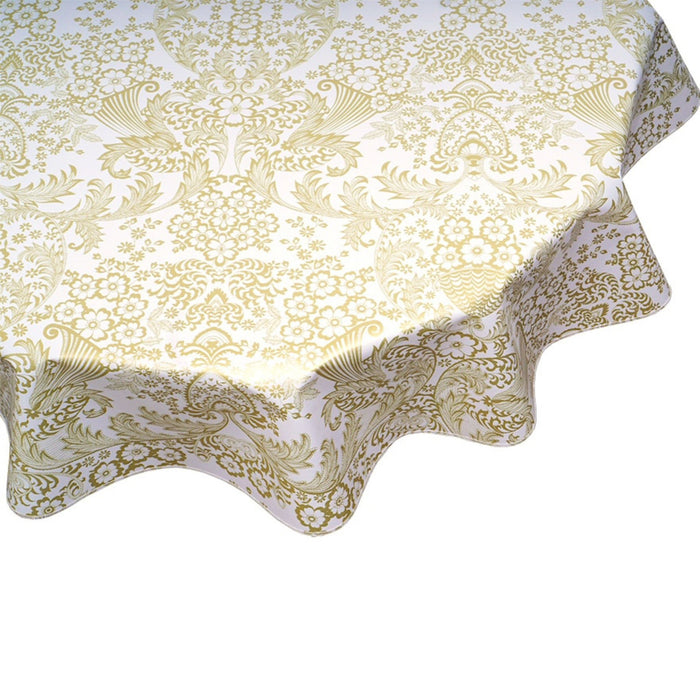 freckled sage round toile gold oilcloth tablecloth