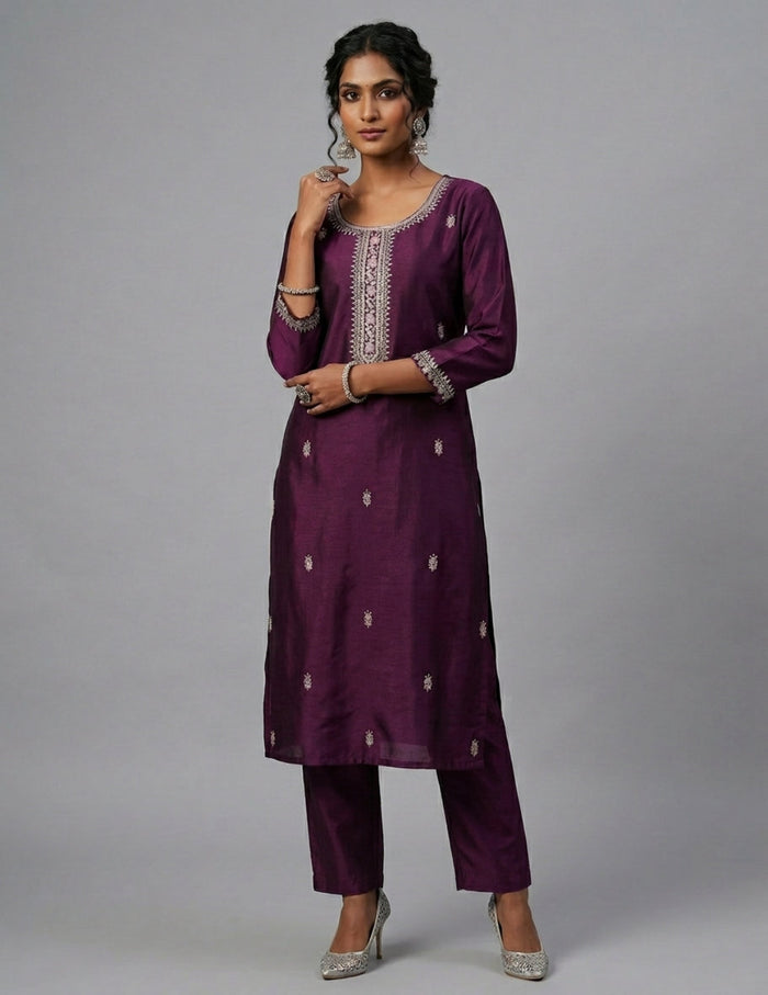 A woman modeling a deep purple Indian ethnic outfit consisting of a long kurta with silver embroidery and matching trousers, paired with silver high heels, against a solid gray studio background.