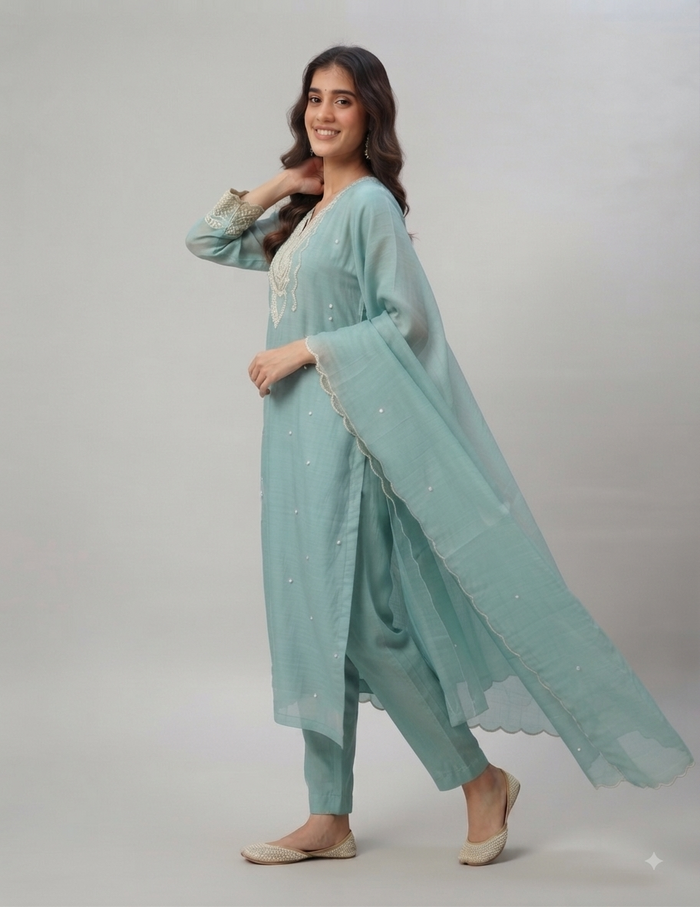 A woman modeling a light blue-green traditional outfit with matching dupatta, featuring embroidered details, against a plain light gray studio background.