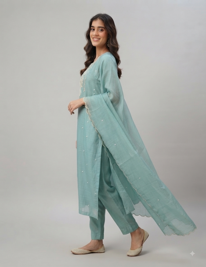 A woman modeling a light mint green traditional three-piece outfit with a matching sheer dupatta, standing against a neutral light gray studio background.