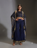 Blue Sanganer Printed Co-Ord Set featuring a peplum top with front opening, potli buttons, and printed palazzos for women.