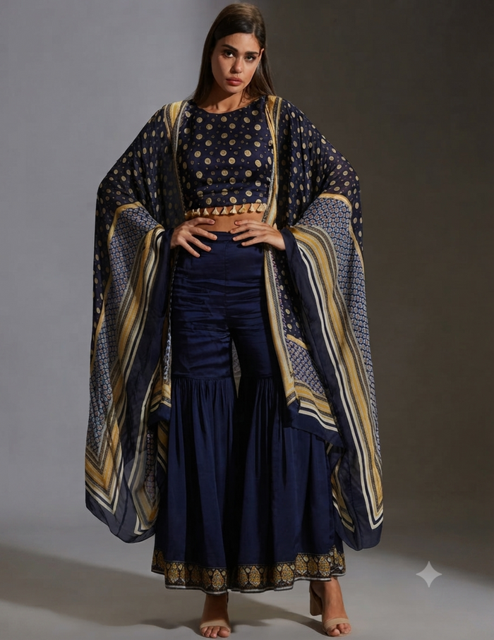 Blue Sanganer Printed Co-Ord Set featuring a peplum top with front opening, potli buttons, and printed palazzos for women.