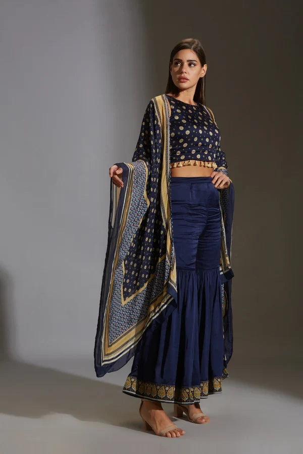 Blue Sanganer Printed Co-Ord Set featuring a peplum top with front opening, potli buttons, and printed palazzos for women.