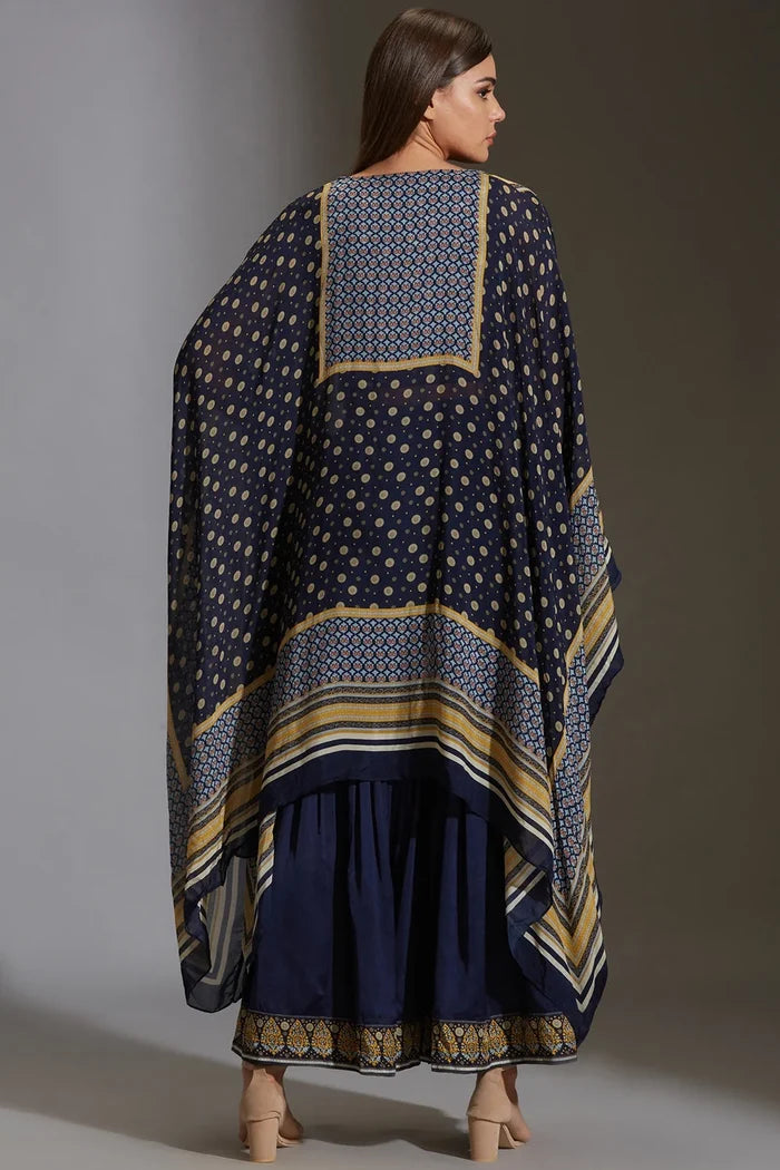 Blue Sanganer Printed Co-Ord Set featuring a peplum top with front opening, potli buttons, and printed palazzos for women.