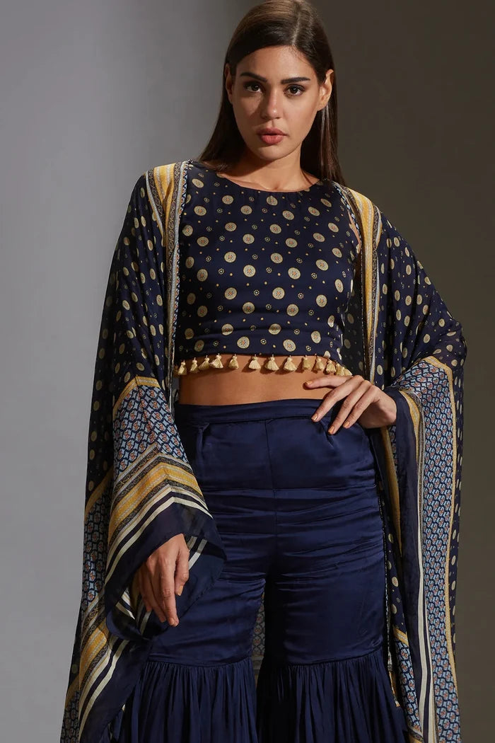 Blue Sanganer Printed Co-Ord Set featuring a peplum top with front opening, potli buttons, and printed palazzos for women.
