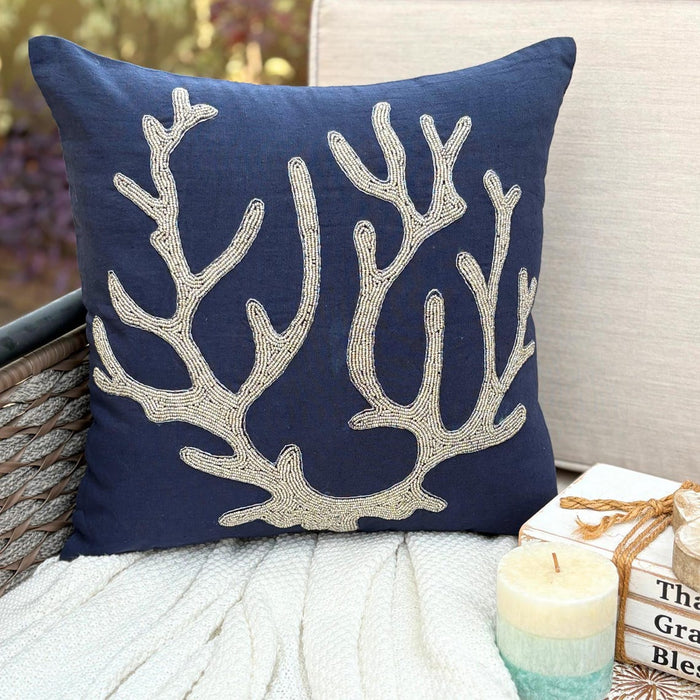 Sea Weed At The Shore - Navy Blue Cotton Linen Decorative Euro Sham